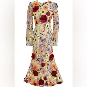 Women's 3D Floral Long Sleeves Crew Neck Fishtail Mesh Embroidery Maxi Dress